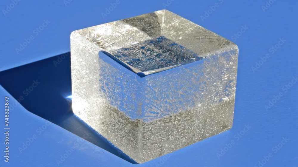Poster an ice cube sitting on top of a blue surface with a light shining on the side of the ice cube.