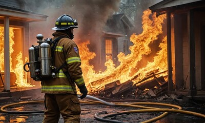 A courageous firefighter stands amidst a raging house fire, to extinguish the flames and protect the property. Bravery of firefighters who risk their lives to keep our communities safe concept.