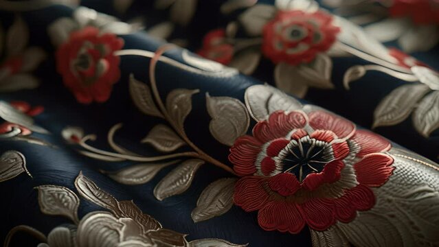 Texture of a luxurious silk brocade fabric on a Victorian ballgown boasting a raised floral design and opulent sheen.