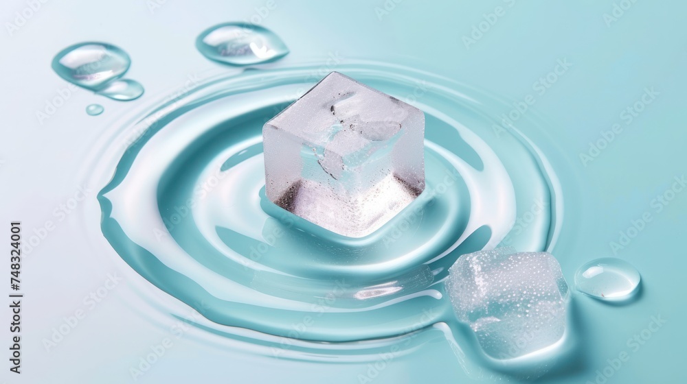 Aufkleber an ice cube sitting on top of a puddle of water next to a spoon with ice cubes on it.