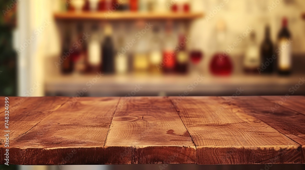 Poster a wooden table top in front of a bar with bottles of wine on the wall in the backround.