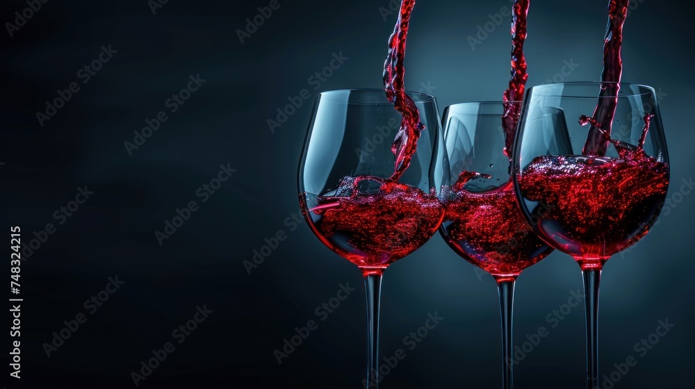Poster three wine glasses filled with red wine are being filled with red wine and are being filled with red