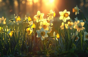 Obraz premium sunshine shining through in the morning daffodil flowers