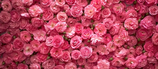 Naklejka premium A collection of small pink roses clustered closely together, creating a stunning display visible from a top-down perspective.