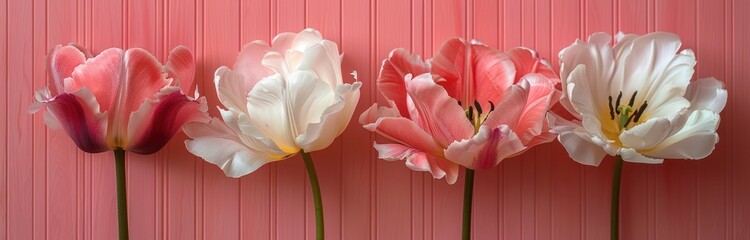 tulips and azalea flowers in a pink and brown stripe on a pink background