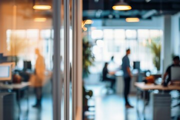 View into an office with people in the blurred background.