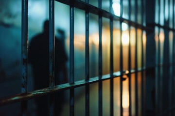 View of the bars of a prison cell with a prisoner in the blurred background. - obrazy, fototapety, plakaty