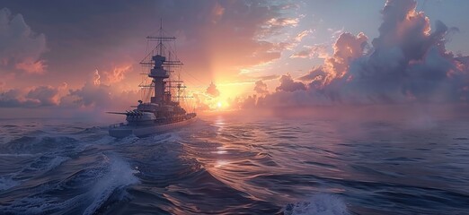 the british warship sailing over the ocean under a clouding sky - obrazy, fototapety, plakaty