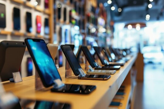A modern smartphone shop with many different new phones.