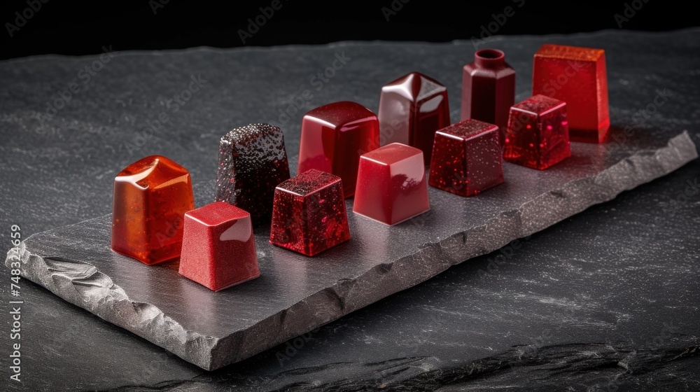 Poster a group of red objects sitting on top of a piece of gray paper on top of a piece of stone.