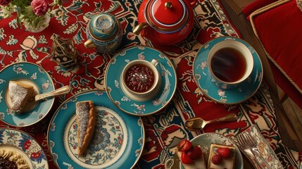 Fototapeta premium a table topped with plates of food next to a cup of tea and a plate of fruit on top of a rug.