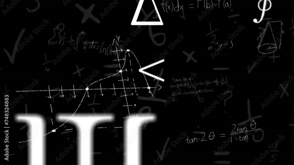 Poster animation of mathematical equations and symbols on black background