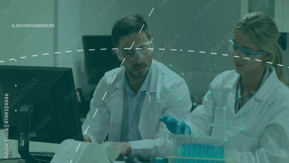 Aufkleber animation of data processing over caucasian scientists examining test tube