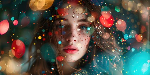 A beautiful young woman enveloped in confetti at a party