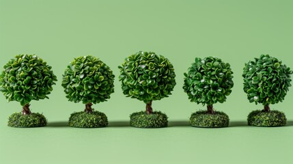 Fototapeta premium a row of small trees sitting next to each other on top of a lush green field next to a green wall.