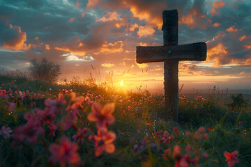 A peaceful Easter sunrise service in a countryside setting with a wooden cross. - obrazy, fototapety, plakaty