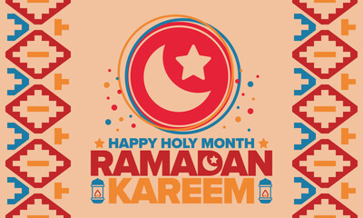 Ramadan Kareem. Happy Holy Month. Crescent, moon, star and lantern. Arabian holiday. Flat style. Greeting card. Creative art. Vector illustration