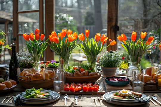 A cozy Easter brunch gathering in a quaint garden with tables set with delicious food.