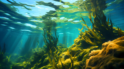 Underwater view of a set of sea bottoms with green seaweed