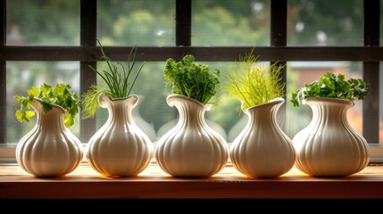 a row of white vases sitting on top of a window sill next to a window sill filled with green plants.