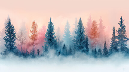 Fototapeta na wymiar a painting of a foggy forest with pine trees in the foreground and a pink sky in the background.