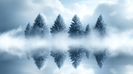 Obraz premium a reflection of trees in the water on a foggy day with a blue sky and clouds in the background.