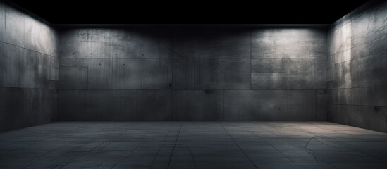 The black and white image depicts an empty room with abstract concrete and coquina smooth interior. The room appears stark and devoid of furniture, creating a minimalist architectural background.