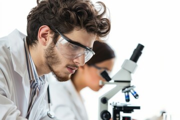 Scientists Make Research Investigations in Medical Laboratory, Researcher with Microscope, Copy Space