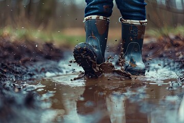Child Feet in Dirty Puddle Close-Up, Small Rubber Boots in Mud, Mud Boosts Kids Immune System