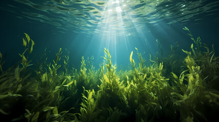 Underwater view of a set of sea bottoms with green seaweed