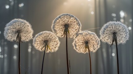 a group of dandelions blowing in the wind on a gray and white background with a blurry curtain in the background.