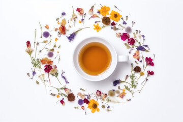 Creative layout made of cup of tea, green tea, black tea, fruit and herbal, tea on white background.Flat lay.	
