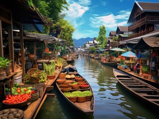 Fototapeta na wymiar Floating Food Market, Asian Floating Market, Traditional Thailand Culture, Fruits and Vegetables