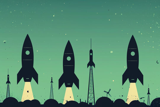 A flat illustration of black rocket silhouettes against a mint green background with oil derricks in the distance