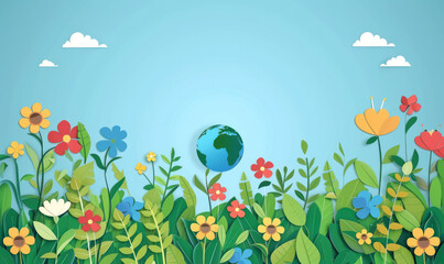 Fototapeta premium happy earth day concept with paper cut style of globe and floral elements