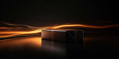 A modern, black rectangular product box on a reflective surface with a flowing orange neon light trail in a dark setting.