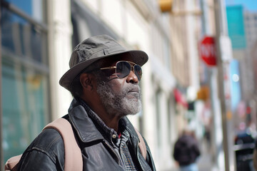 A man walking down the street on a sunny day, wearing sunglasses and a hat