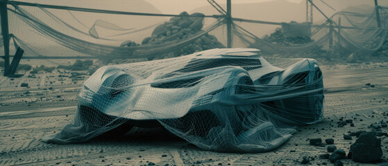 The armored military vehicle is covered with a transparent fabric