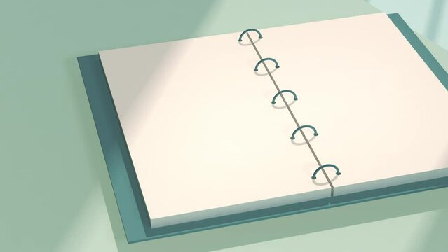 3D animation of turning a page of a blank ring notebook that is on a table next to a window with a curtain at sunset