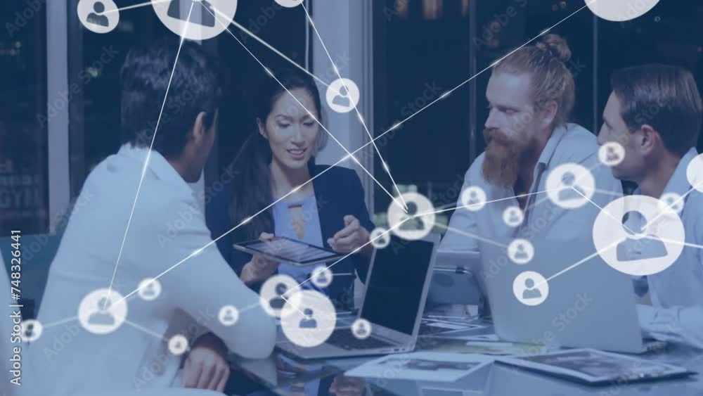 Poster animation of network of connections with icons over diverse colleagues discussing work