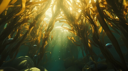 Fototapeta na wymiar Seaweed and natural sunlight underwater seascape in the ocean