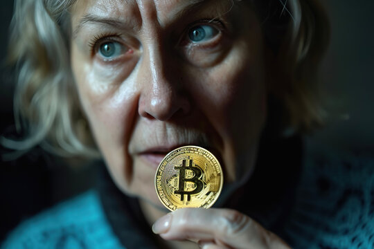 A middle-aged woman holding a Bitcoin in her hand, with a look of wonder on her face