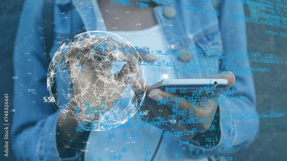 Poster animation of data processing and globe over wifi icon and african american woman using smartphone