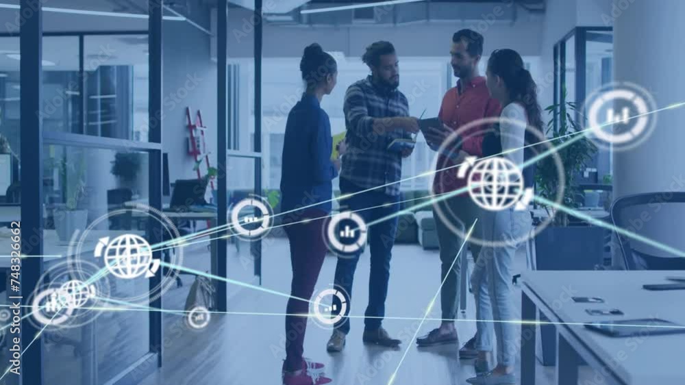 Poster animation of network of connections with icons over diverse colleagues discussing work