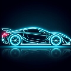 A side view of a neon-glowing sports car silhouette, presented in an abstract and modern style....