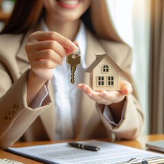 Fototapeta na wymiar A woman's hand grasping a house key, symbolizing a real estate transaction or the role of a real estate agent.