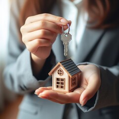 A woman's hand grasping a house key, symbolizing a real estate transaction or the role of a real estate agent.