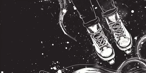 Fotobehang Simple line Illustration roller Skates, vintage Flying In The Universe black color grunge texture. © mshynkarchuk