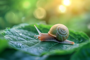 Close-up of a snail on a green leaf, drops after rain