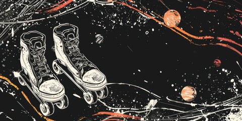 Simple line Illustration roller Skates, vintage Flying In The Universe black color grunge texture.